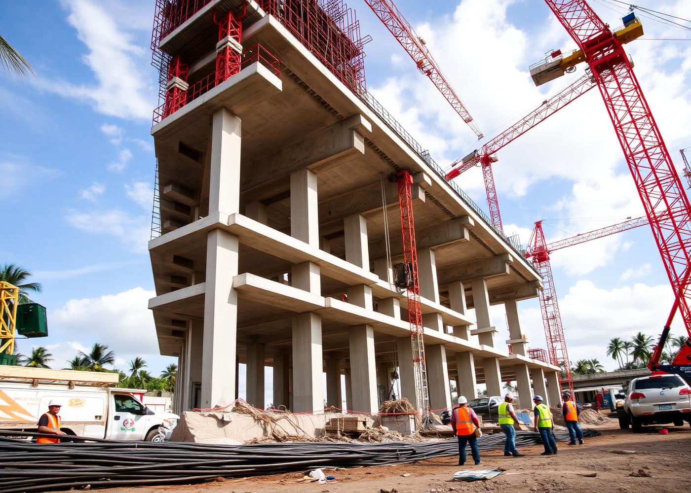 Estructura de concreto en construcción con grúas en obra civil