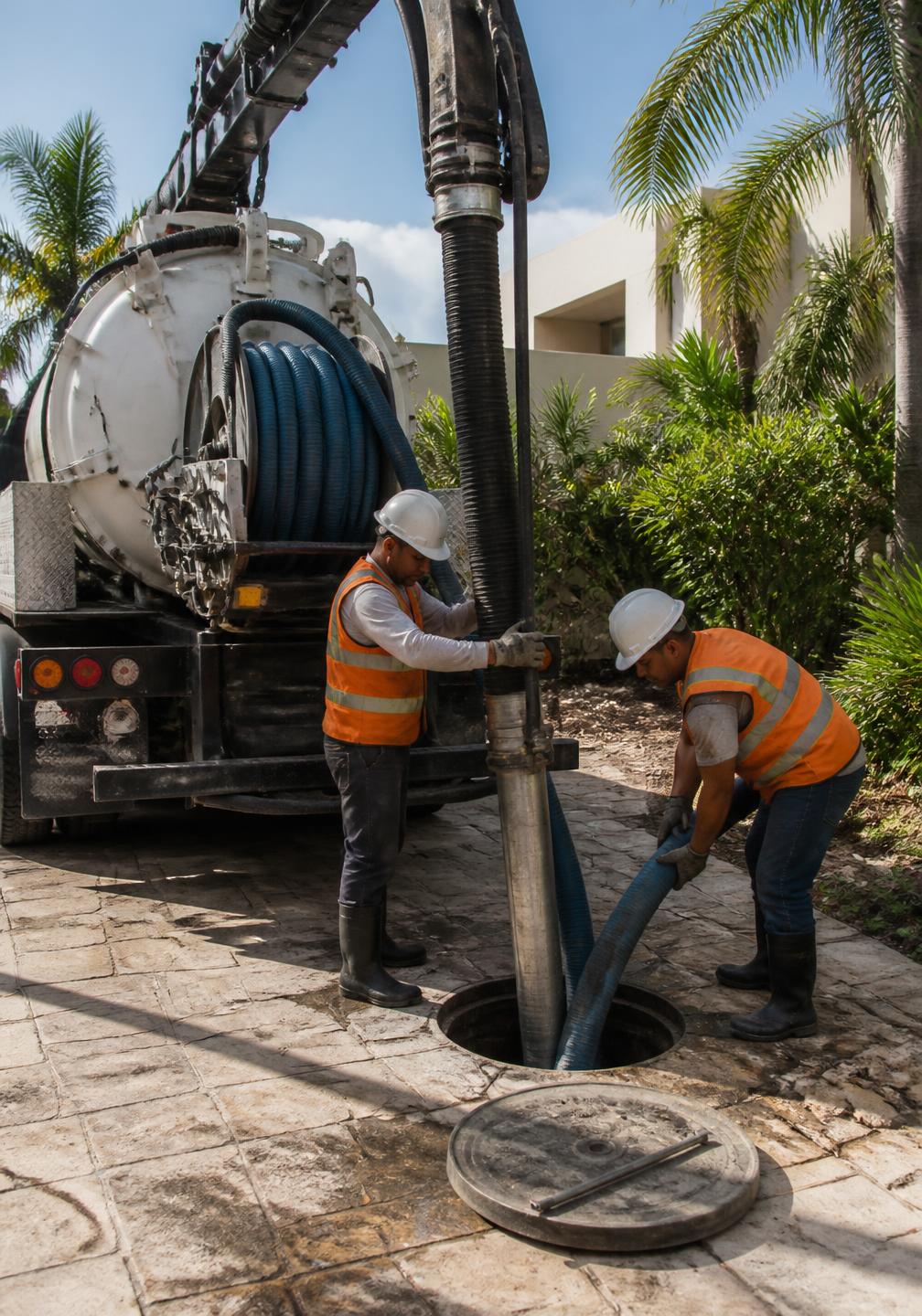 Camión de succión y personal técnico realizando desazolve en un registro hidráulico en Quintana Roo