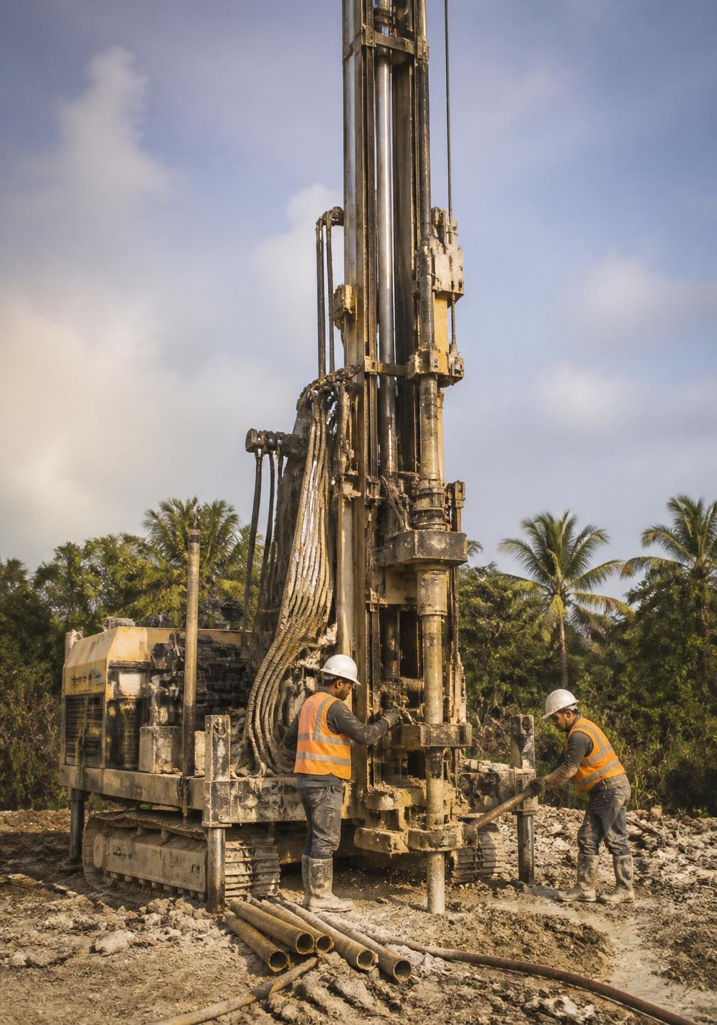 Equipo de perforación vertical operado por personal técnico con EPP en terreno calizo de la Península de Yucatán